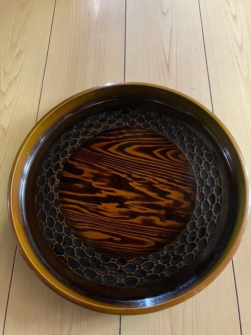 漆器 円形盆 蜂の巣模様 約33cm