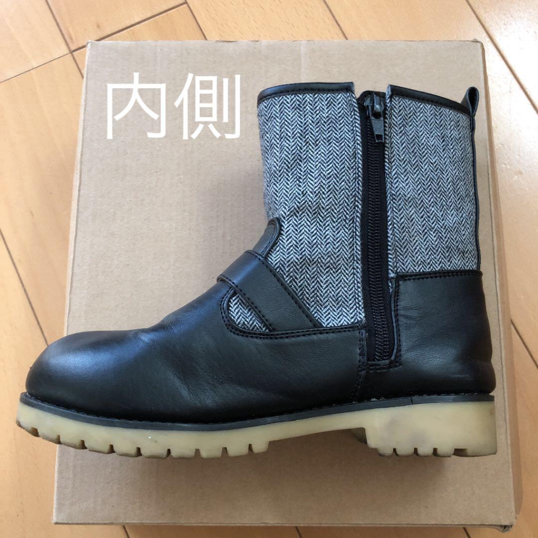 キッズ 靴 Black＆杉織模様コンビ柄ミドルブーツ 【21cm】の写真3枚目