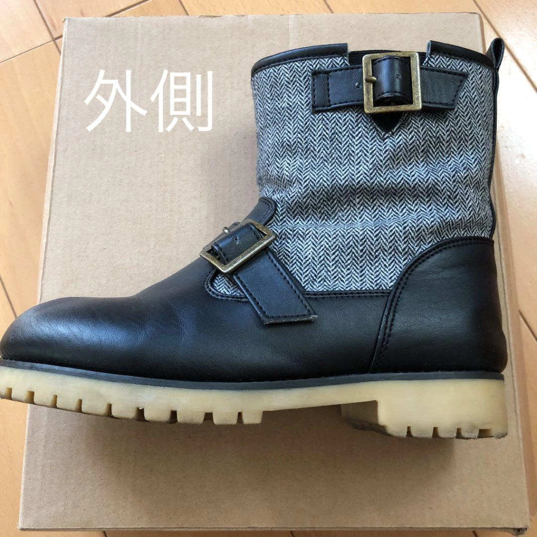 キッズ 靴 Black&杉織模様コンビ柄ミドルブーツ 【21cm】の写真4枚目