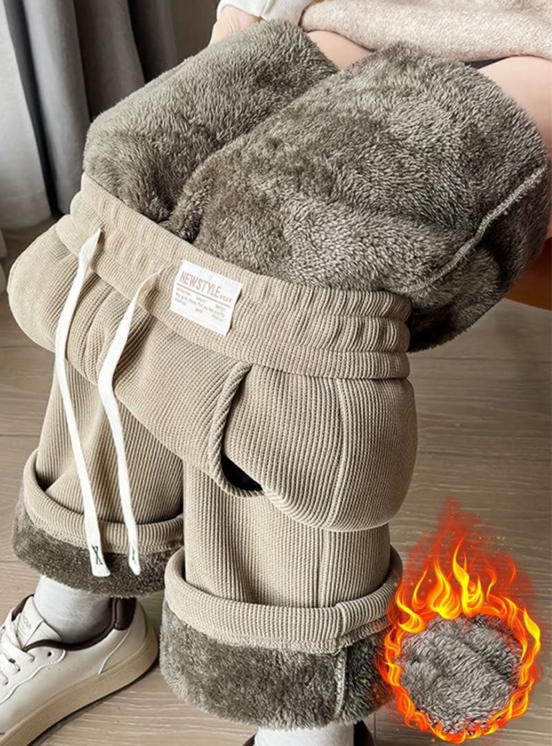 裏ボア コーデュロイ風 ワイドパンツ オートミールカラー 防寒パンツの写真2枚目