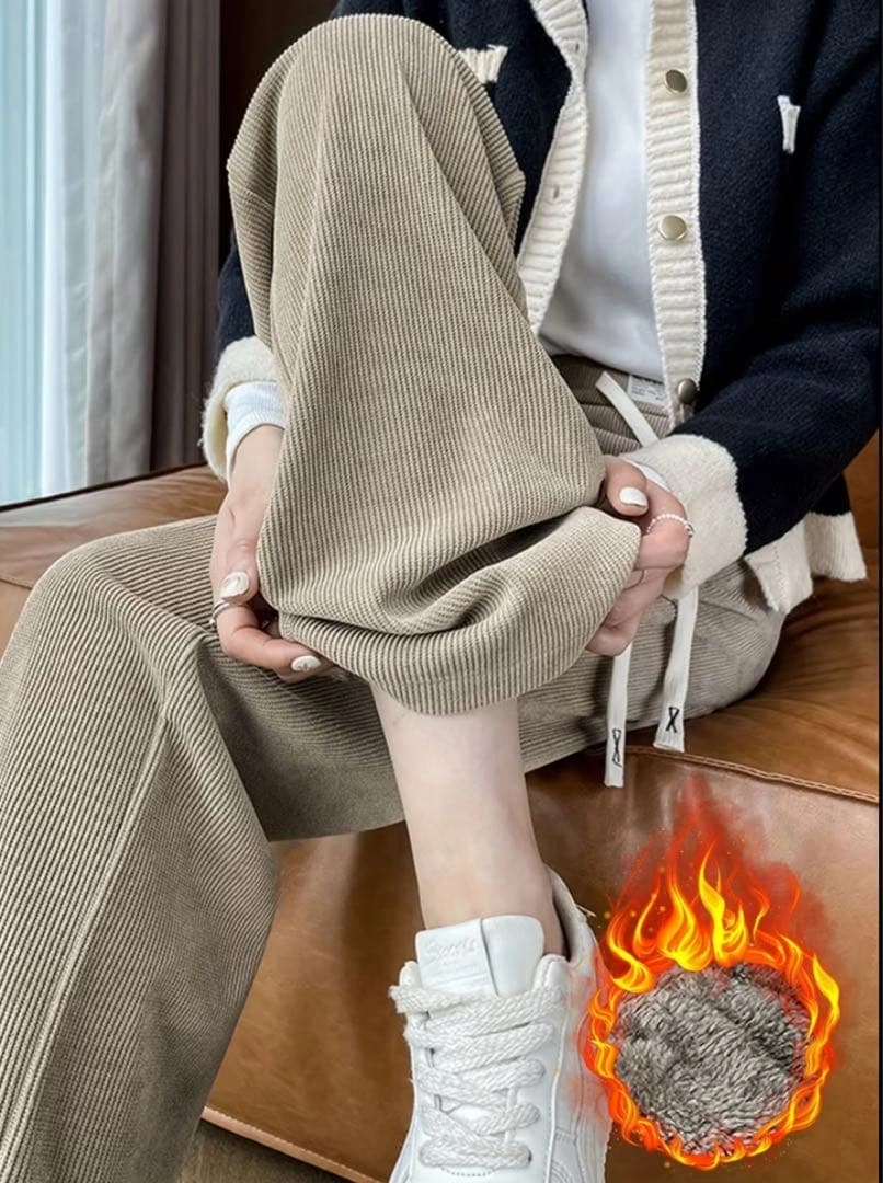 裏ボア コーデュロイ風 ワイドパンツ オートミールカラー 防寒パンツの写真3枚目