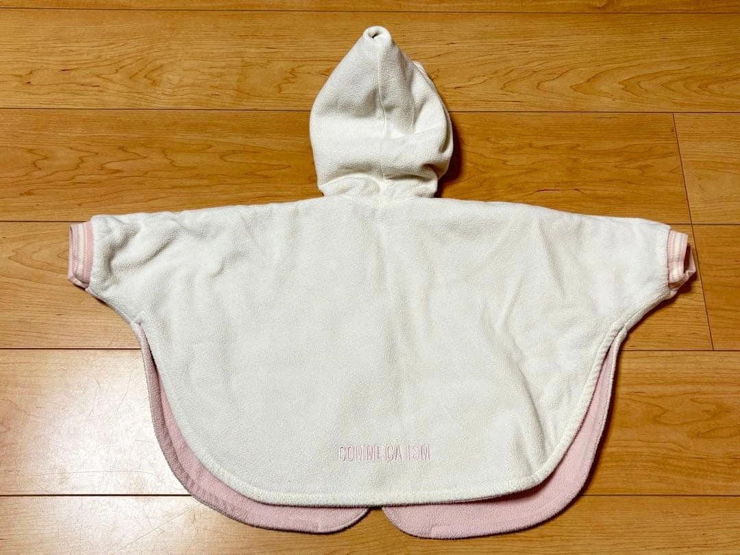 COMME CA ISM フード付きベビーポンチョ ピンク ホワイト 白の写真8枚目