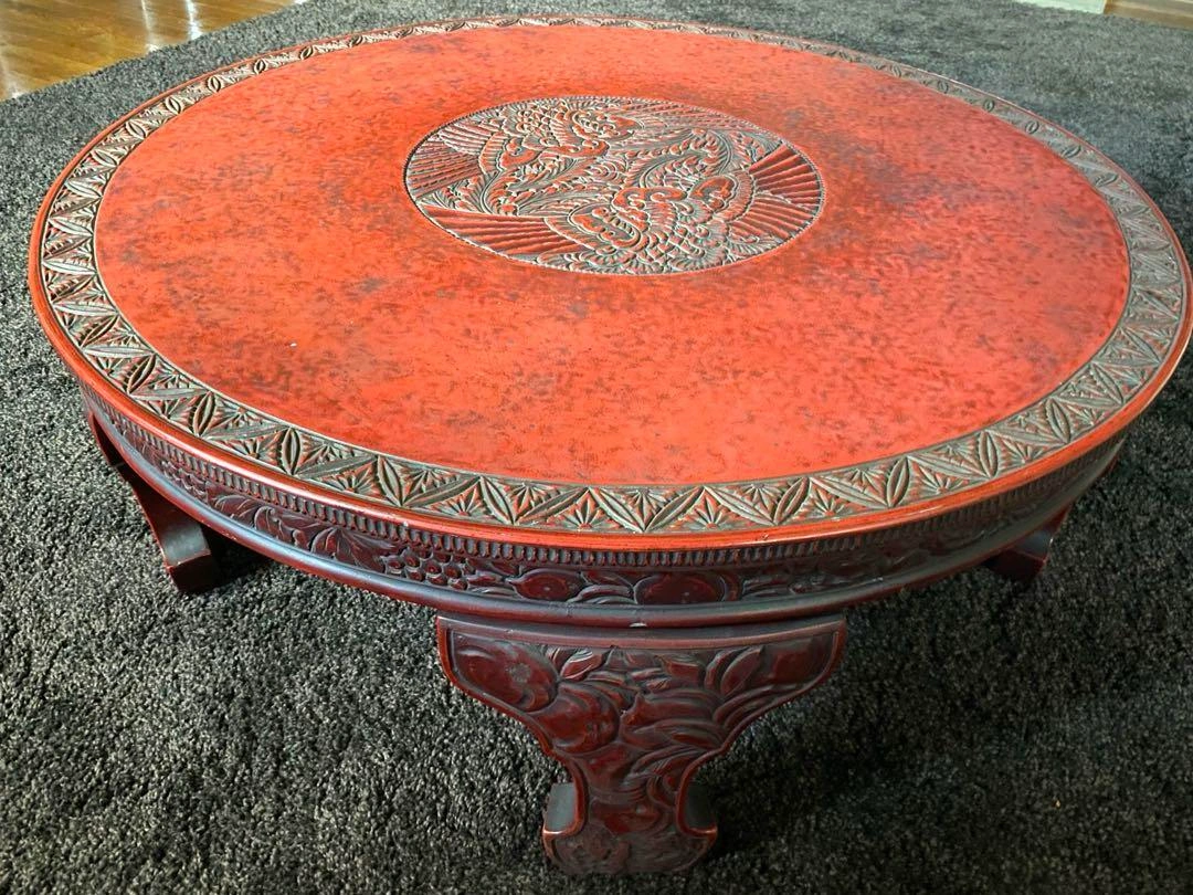 唐家具 中国 骨董 座卓 鳳凰 彫刻 アンティーク 直径91cm