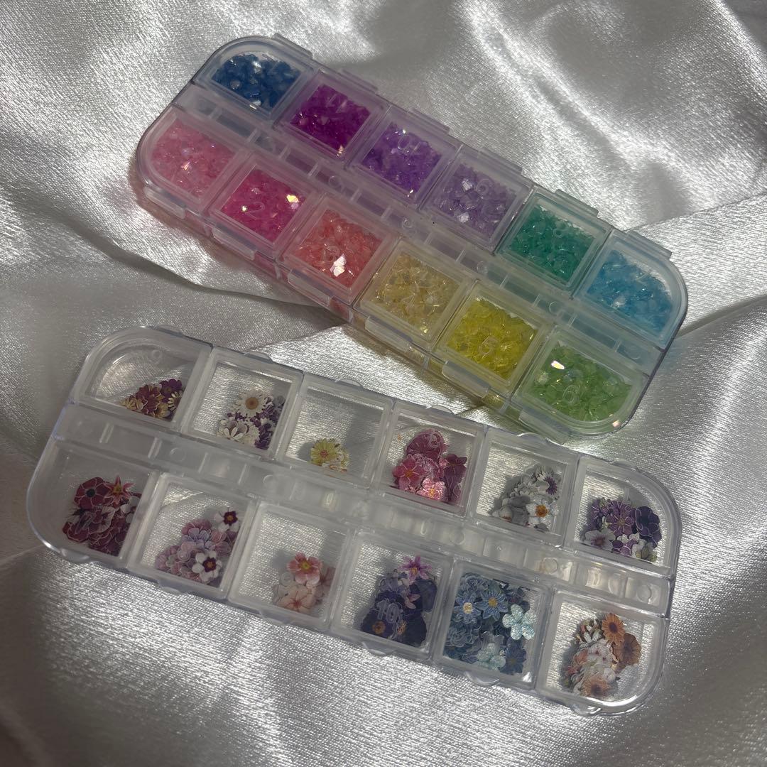 レジン 封入パーツ ガラスのカレット12色 押し花風12種類 2点セット