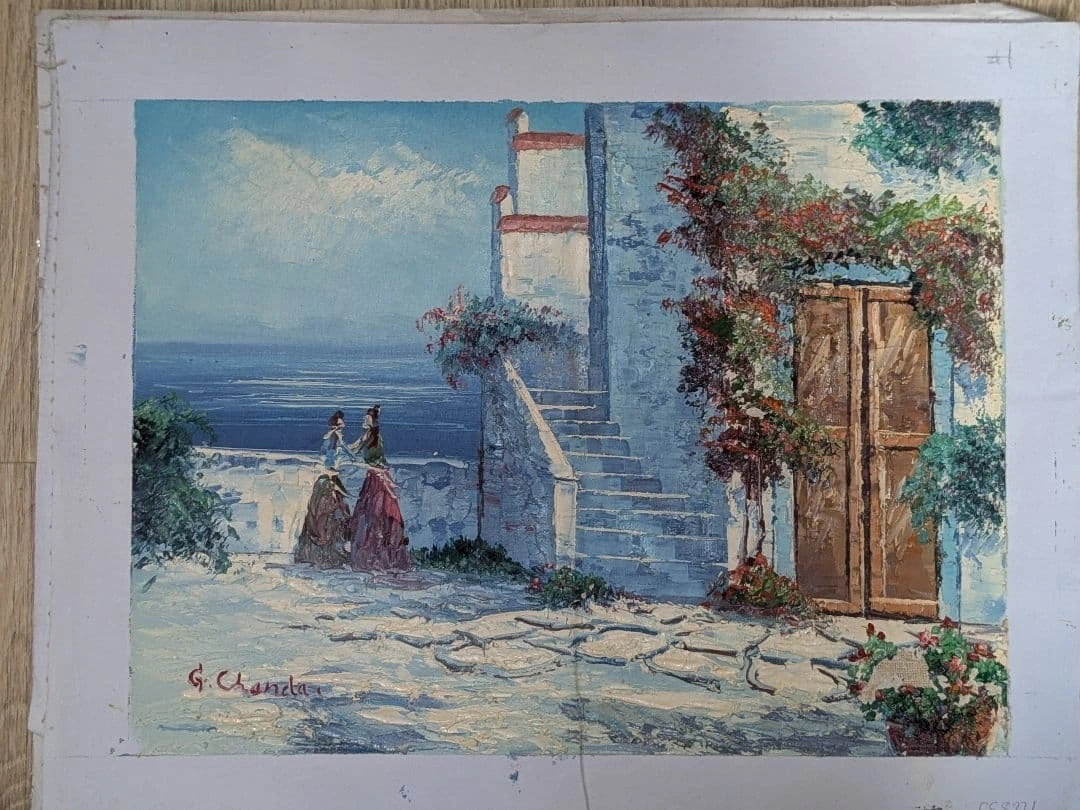 「海辺の花咲く階段」油彩原画 32×42cm