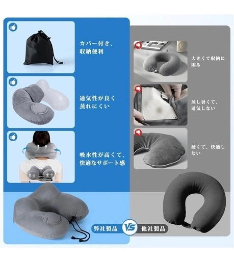 【新品】ネックピロー 首枕 携帯枕 U型 空気枕 旅行用 充気式 収納ポーチ付き 洗えるカバー 海外旅行の写真5枚目