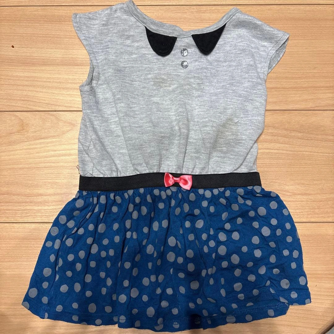 95cm グレー×ネイビー ポルカドットワンピース