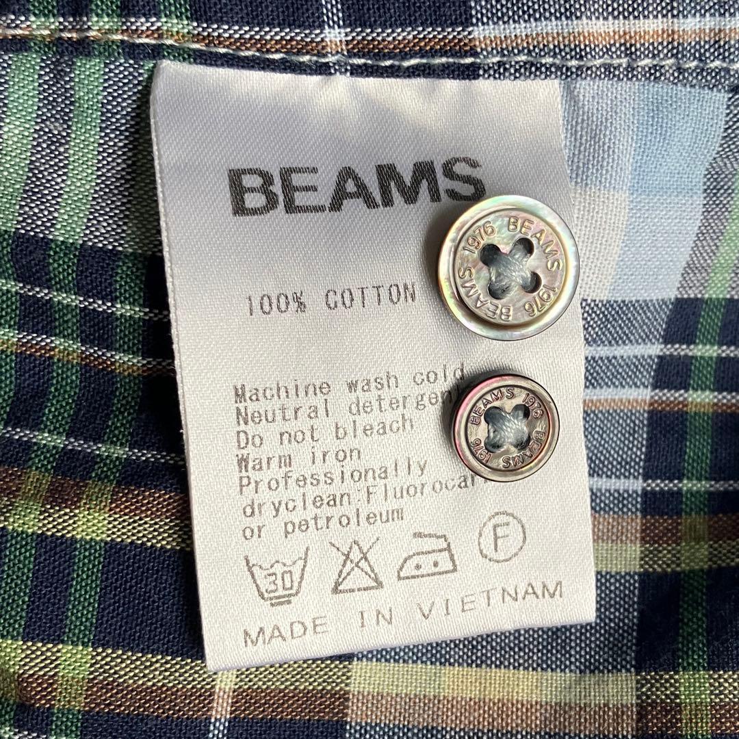 BEAMS チェック柄 半袖シャツ 100%コットン ネイビー系の写真3枚目