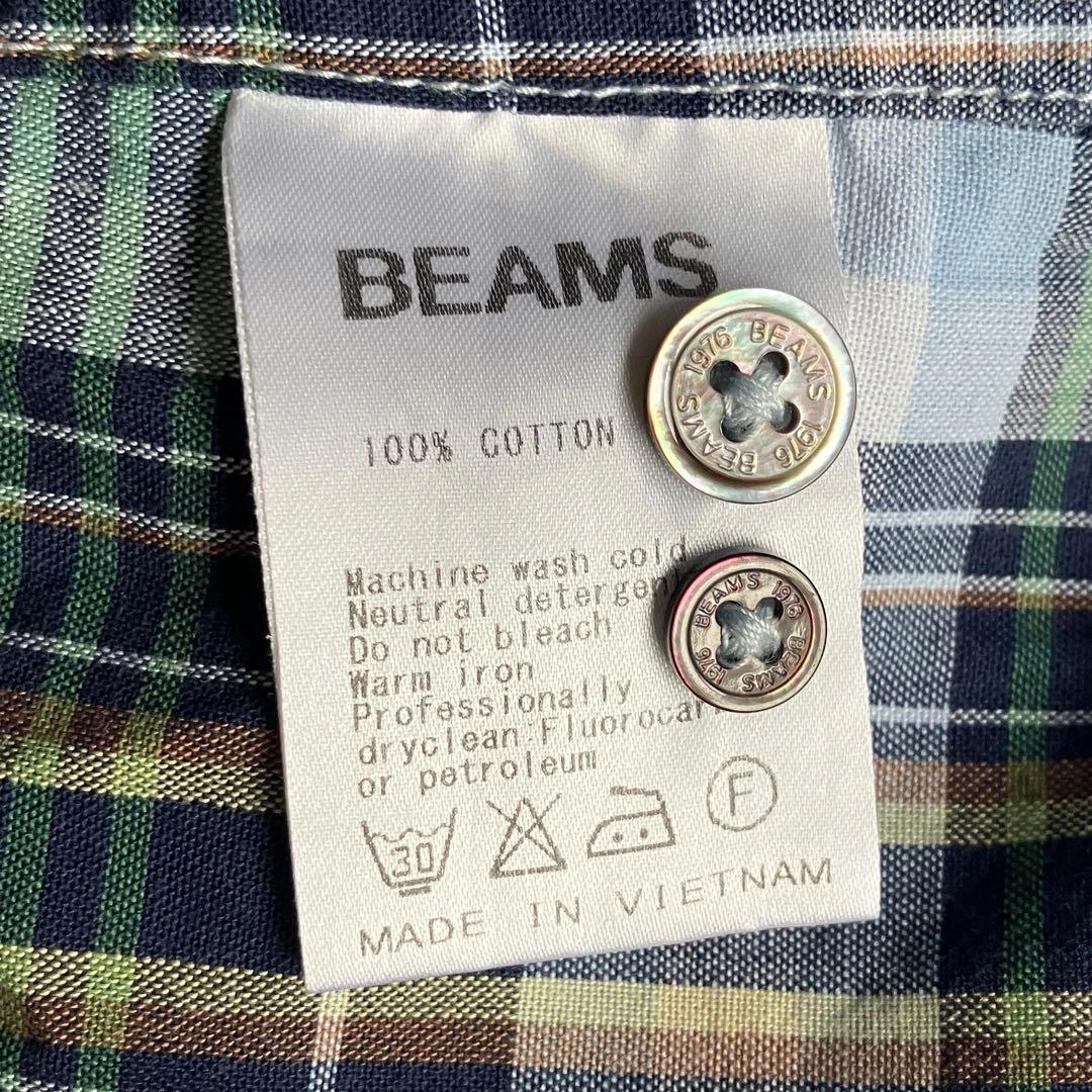 BEAMS チェック柄 半袖シャツ 100%コットン ネイビー系の写真3枚目