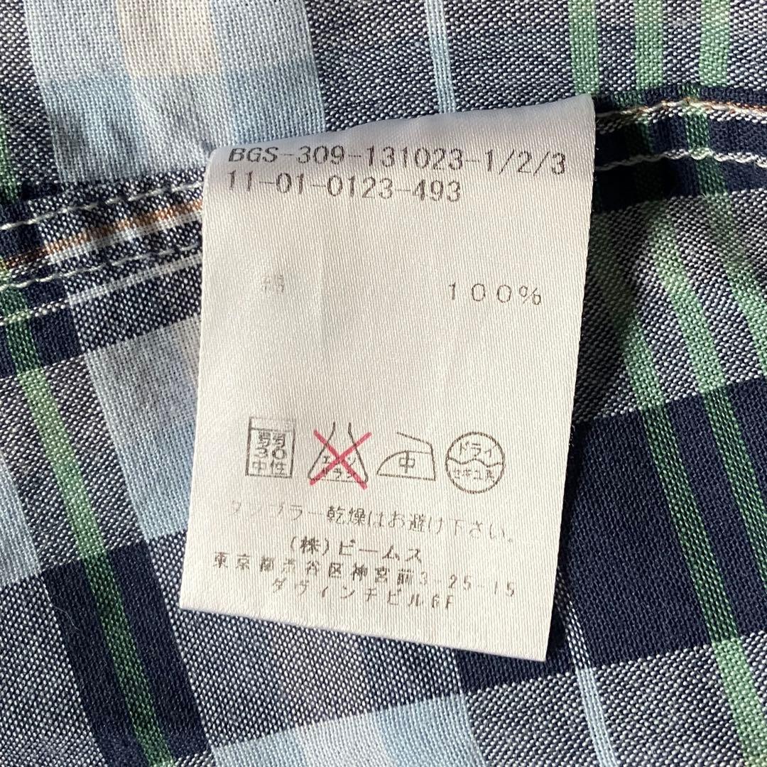 BEAMS チェック柄 半袖シャツ 100%コットン ネイビー系の写真4枚目