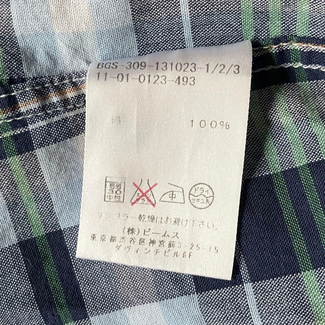 BEAMS チェック柄 半袖シャツ 100%コットン ネイビー系の写真4枚目