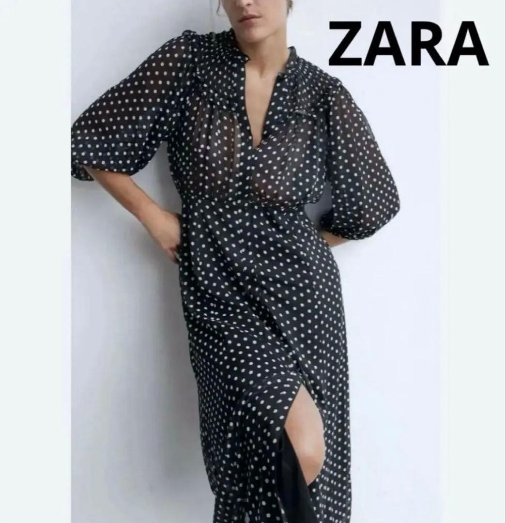 ZARA ドット柄 シースルー フリルワンピース M相当