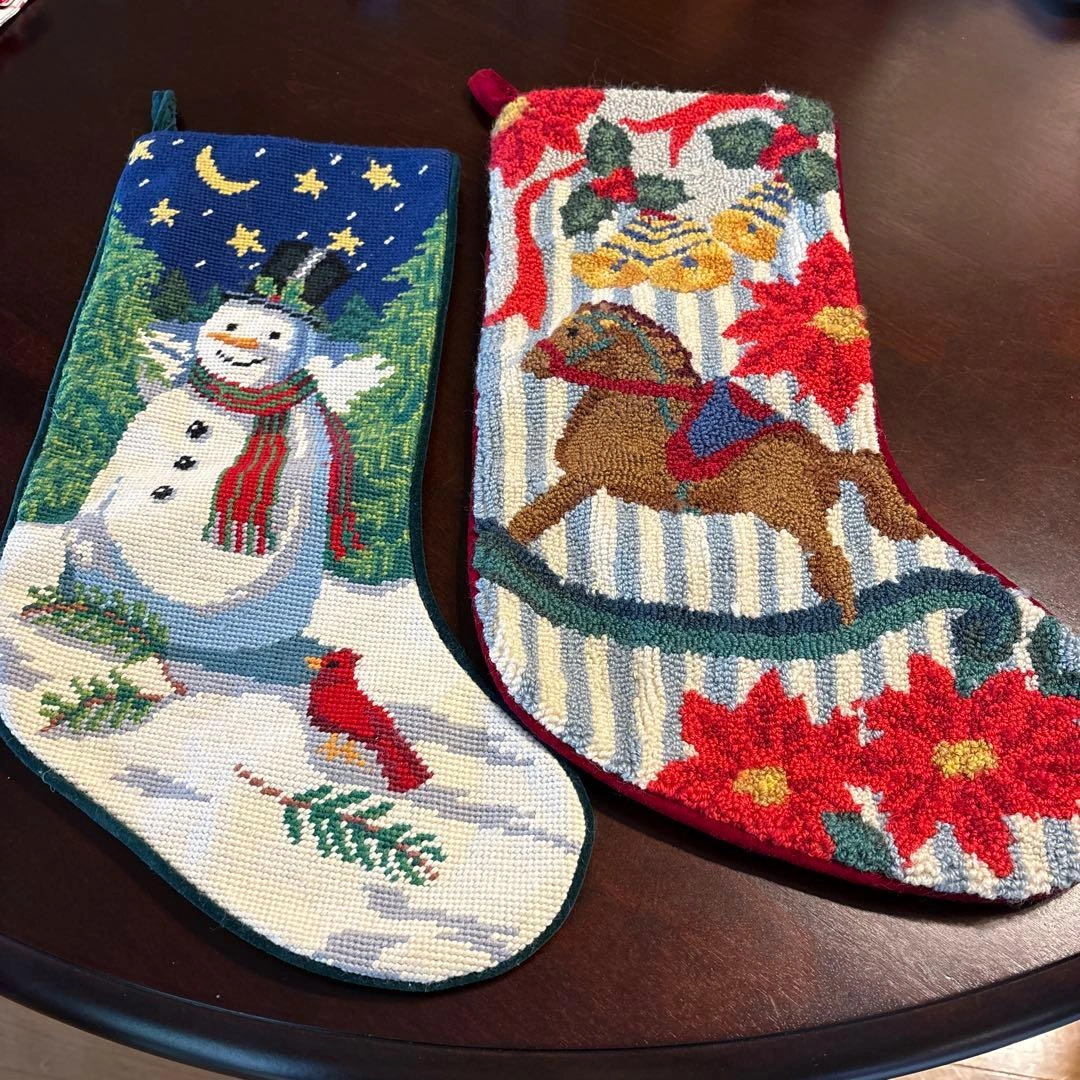 アメリカ製 クリスマスストッキング 雪だるまと木馬のデザイン