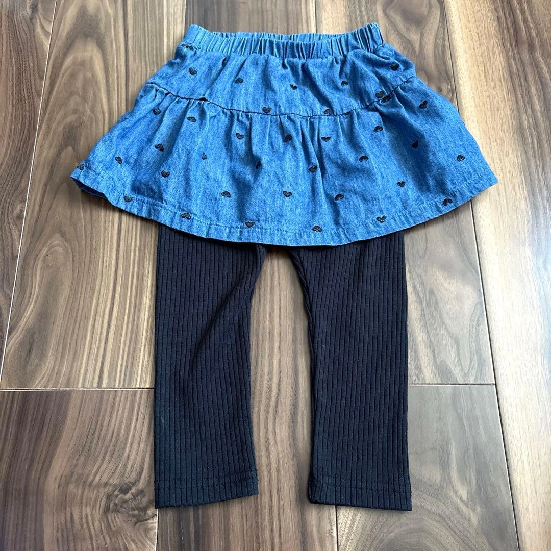 美品。スカート付きパンツ スカッツ デニム調スカート 黒レギンス 90cm