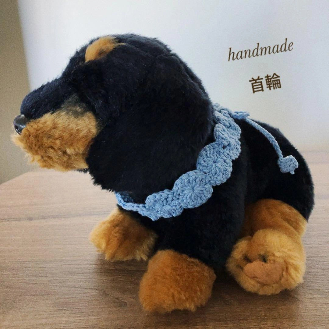 【ハンドメイド ペット 首輪】チョーカー 毛糸編み 青 リボン