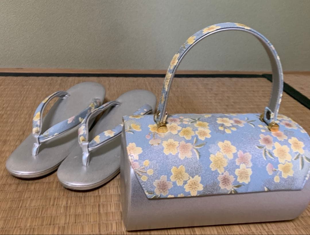 ブルー桜柄　和装バッグ　草履