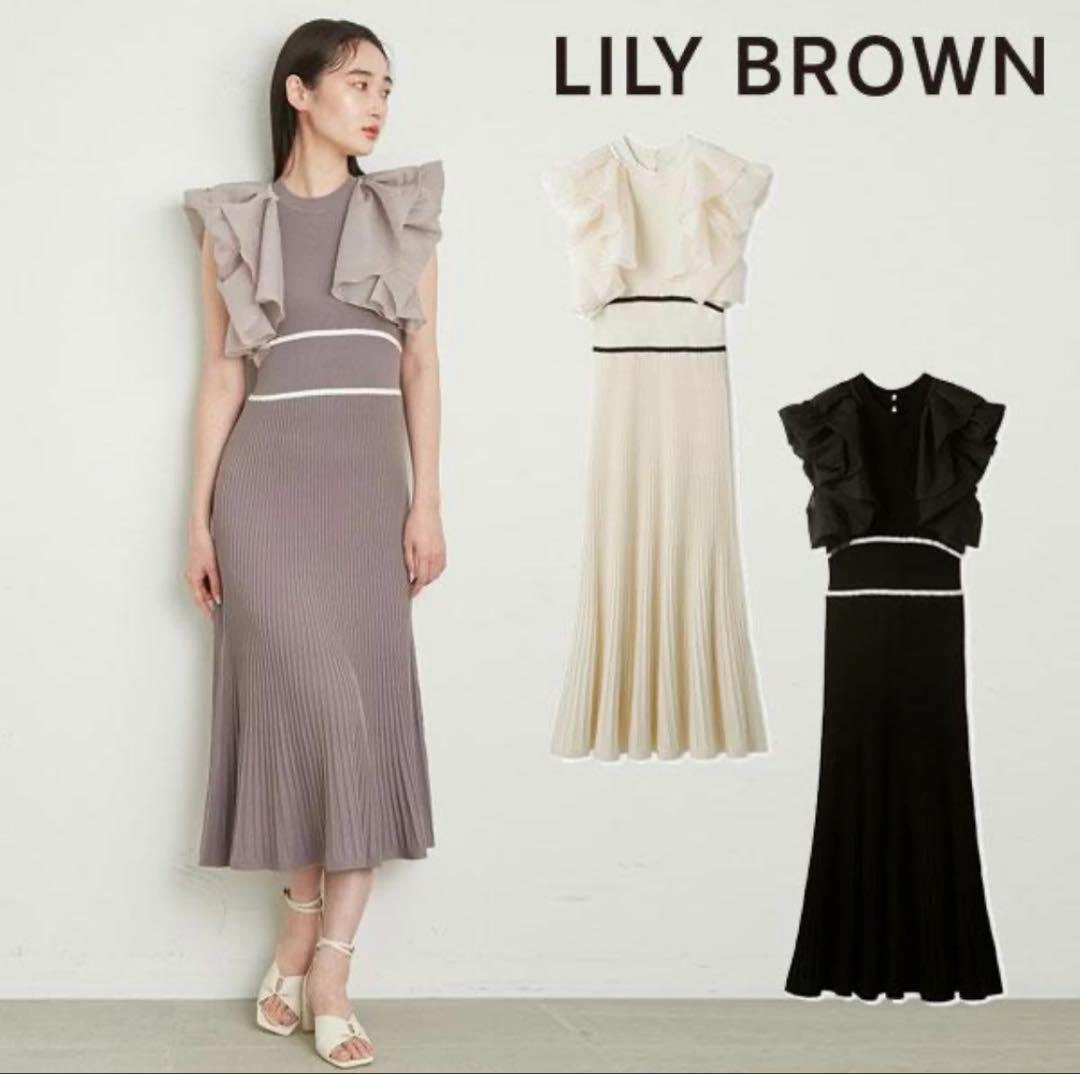 完売品 LILY BROWN フリルドッキングニットワンピース ホワイトの写真10枚目