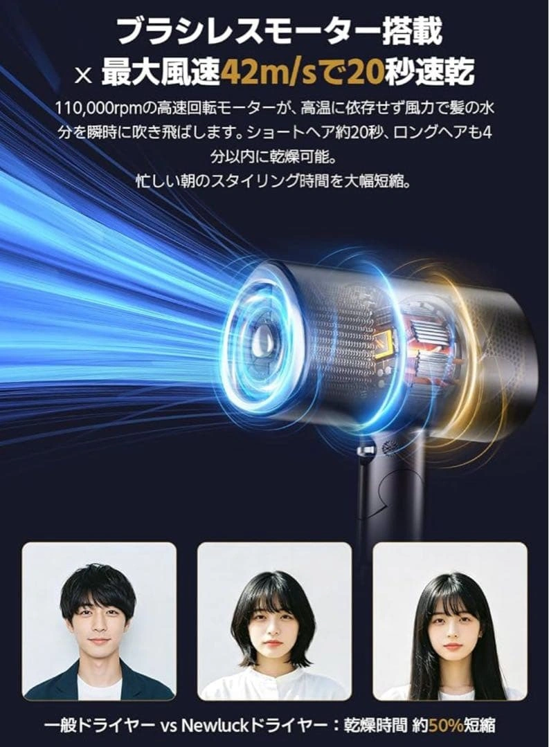 ドライヤー 大風量 2億高濃度マイナスイオン 静電気除去 髪質改善 温冷風の写真6枚目