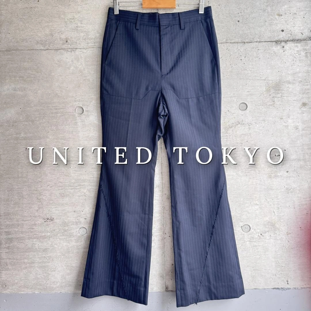美品 UNITED TOKYO ストライプ フレアパンツ 1 ダークネイビー