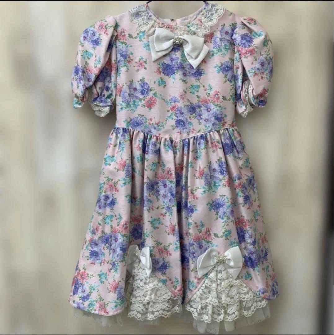 VividVera花柄 半袖ワンピース 120cm リボン レース 255