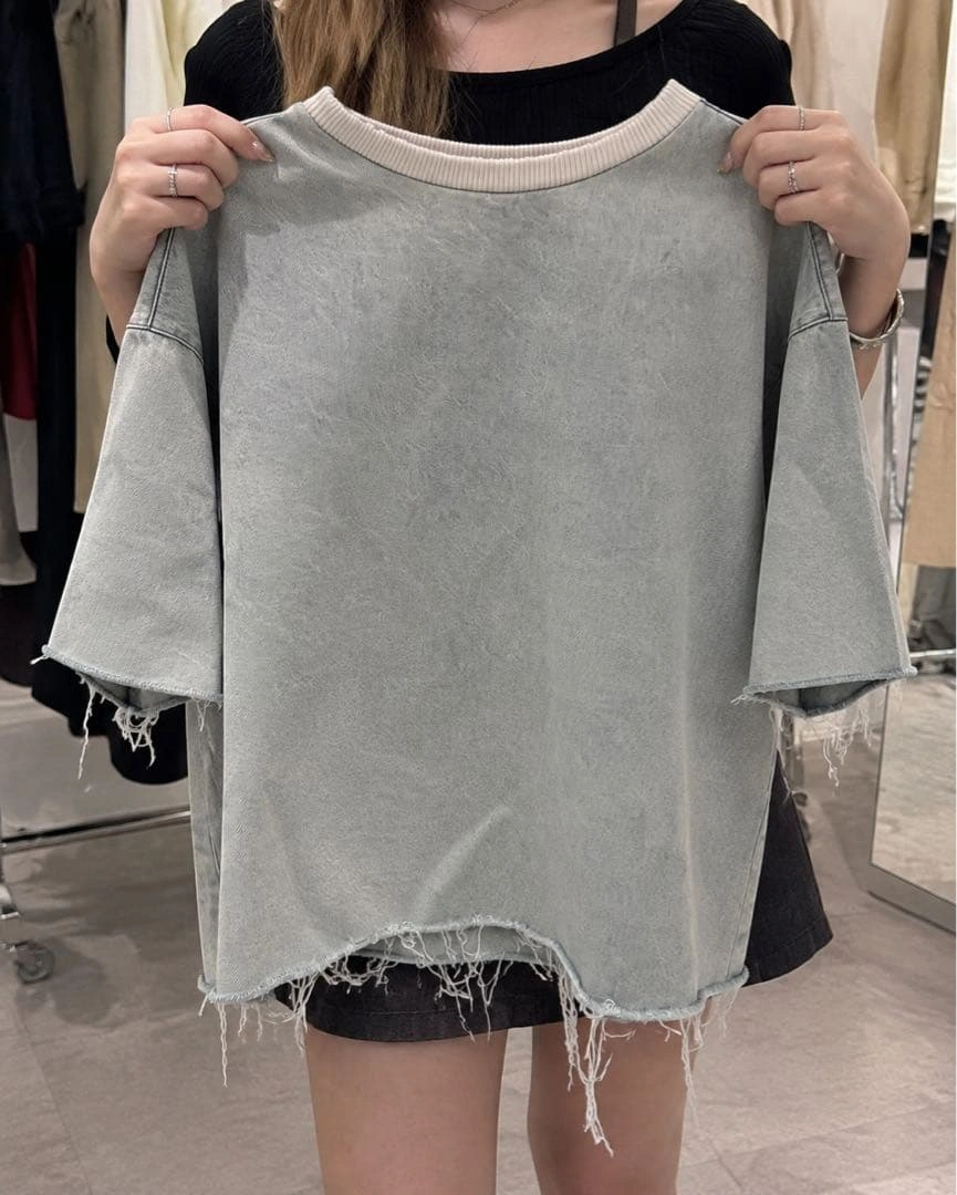 ZARA MAN デニムスウェット プルオーバー カットオフ ライトブルー S