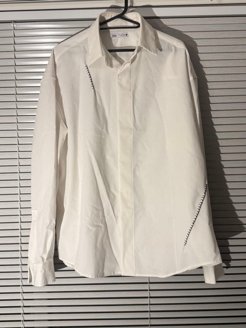 ZARA コントラストステッチ オーバーサイズ 長袖シャツ ホワイト S