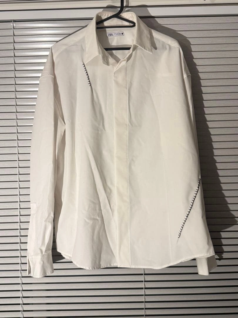 ZARA コントラストステッチ オーバーサイズ 長袖シャツ ホワイト S