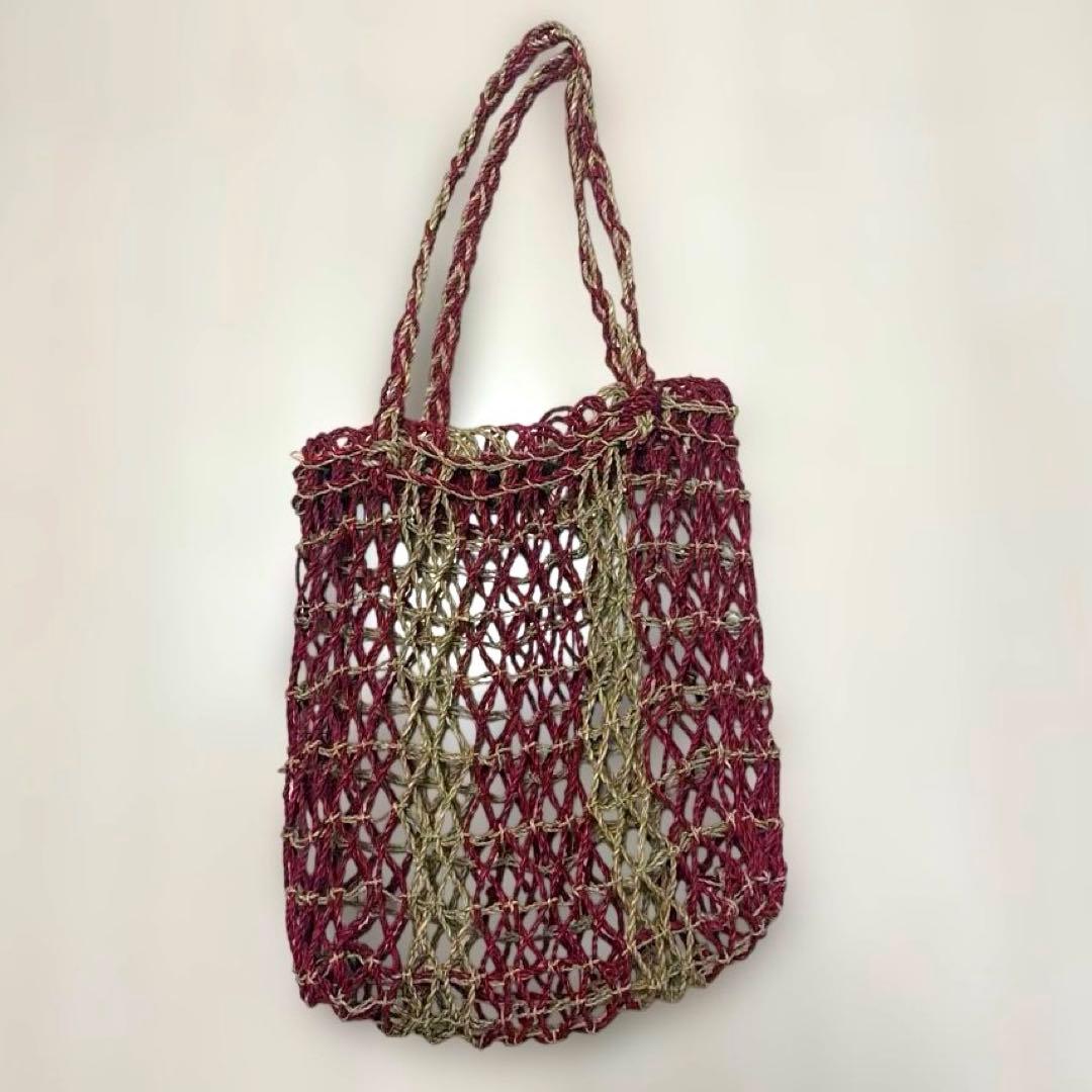 ハンドメイド メッシュ かごバッグ レッド ベージュ