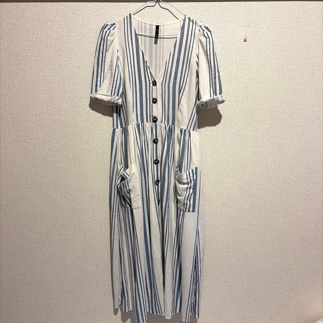 【ZARA】ザラ 美品 ストライプリネンロングワンピース ブルーホワイトM 半袖