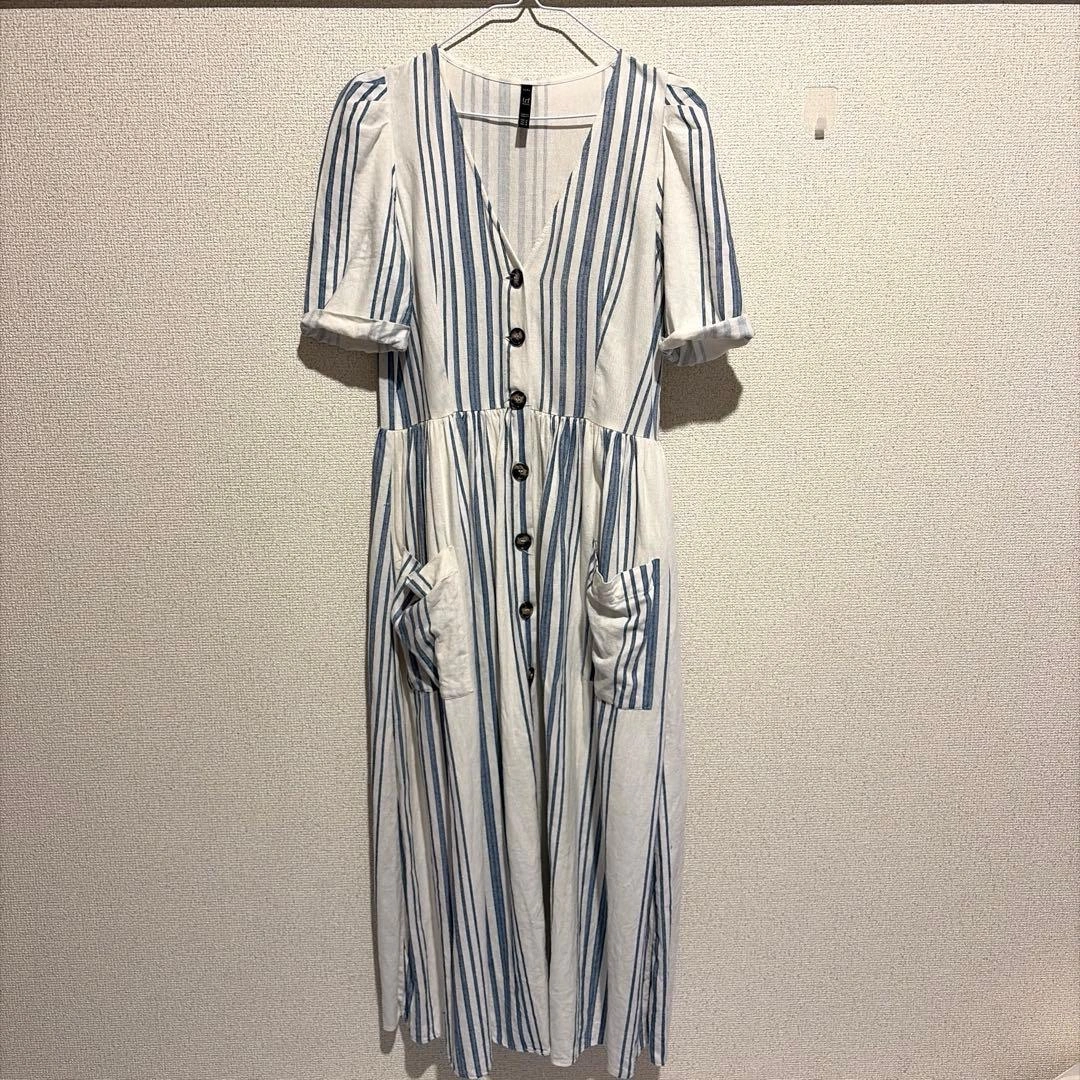 【ZARA】ザラ 美品 ストライプリネンロングワンピース ブルーホワイトM 半袖