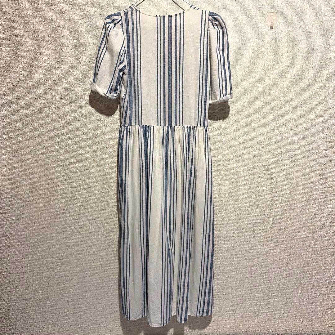 【ZARA】ザラ 美品 ストライプリネンロングワンピース ブルーホワイトM 半袖の写真2枚目