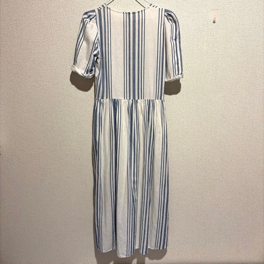 【ZARA】ザラ 美品 ストライプリネンロングワンピース ブルーホワイトM 半袖の写真2枚目