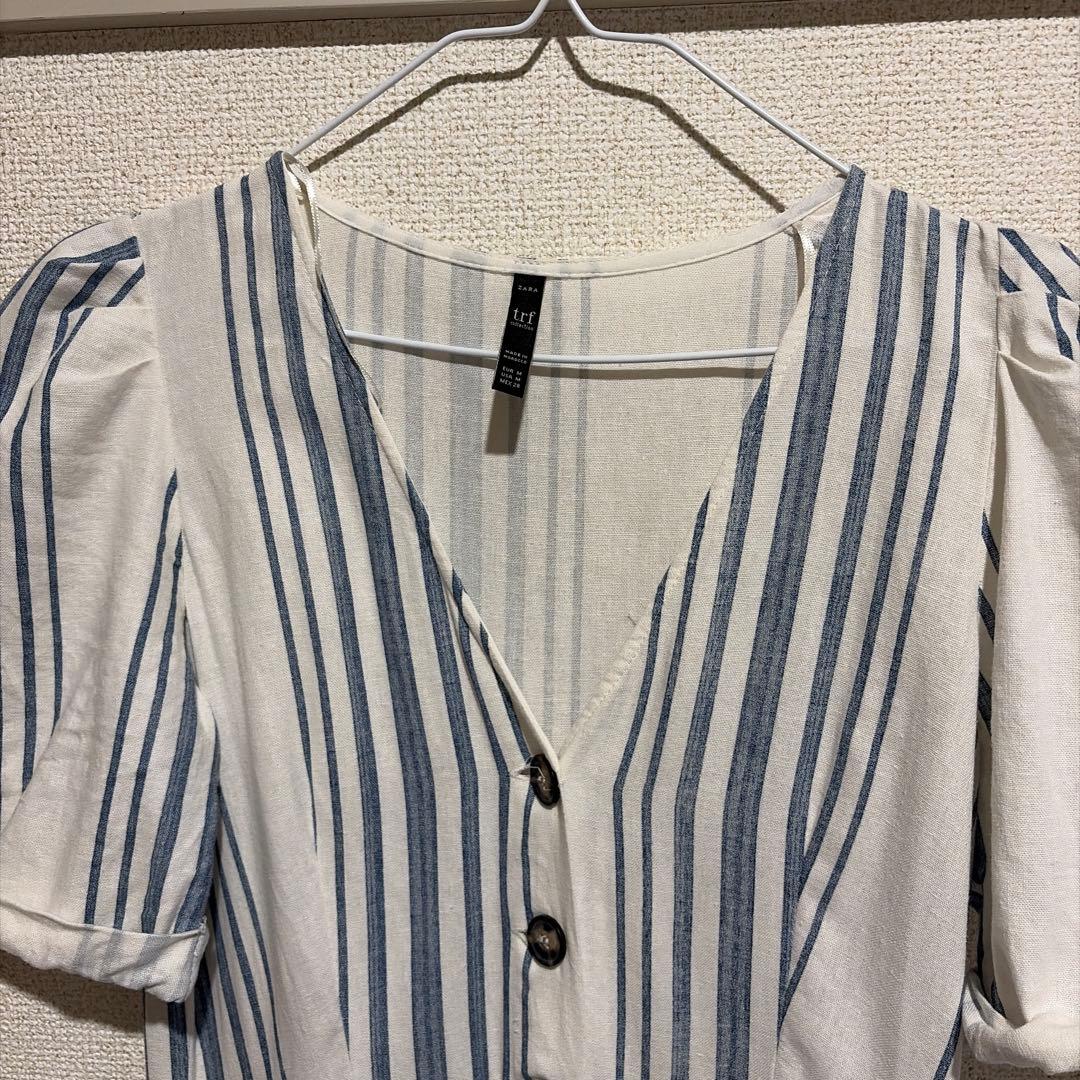 【ZARA】ザラ 美品 ストライプリネンロングワンピース ブルーホワイトM 半袖の写真3枚目