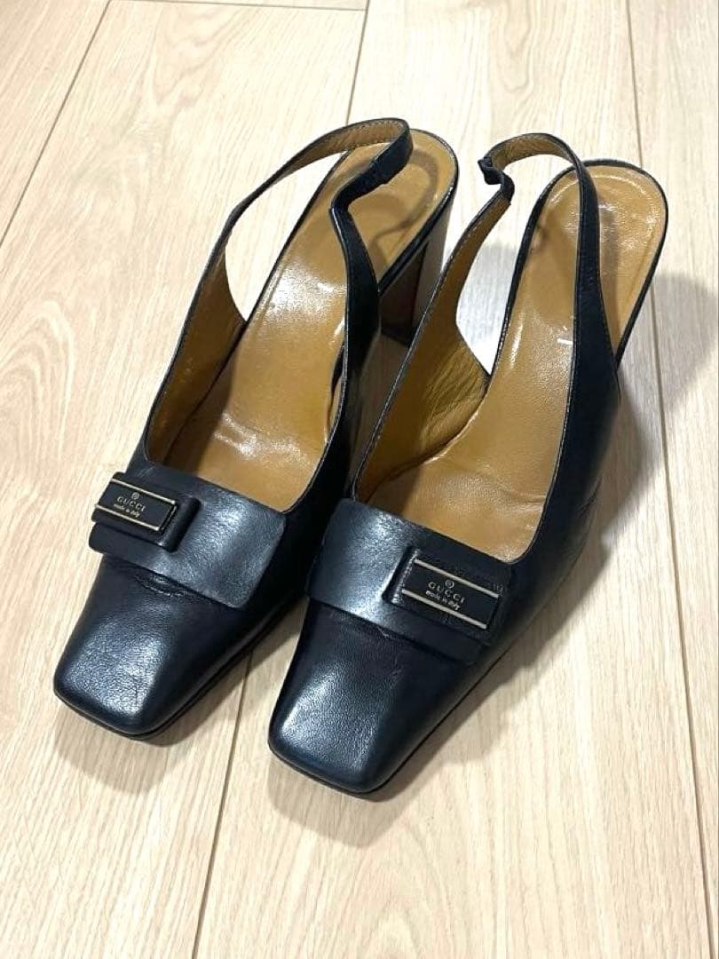 GUCCI グッチ パンプス 36 1/2C 黒 レザー スクエアトゥ