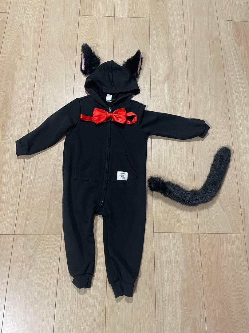 ジジ風 黒猫 コスプレ 12-18M 猫耳 しっぽ 赤リボン ハロウィン