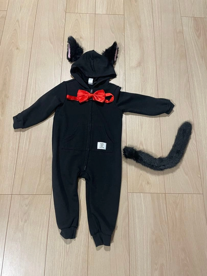 ジジ風 黒猫 コスプレ 12-18M 猫耳 しっぽ 赤リボン ハロウィン