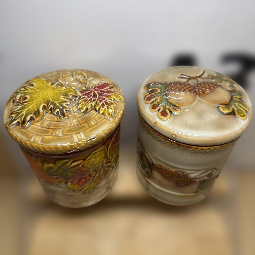 陶器製 茶箱 2個セット どんぐり 落ち葉 モチーフの写真2枚目
