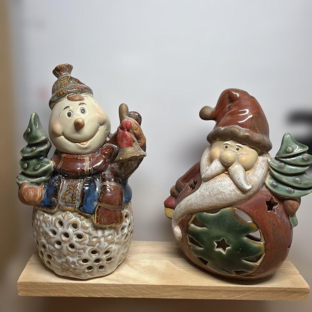 【クリスマス】スノーマン サンタクロース 陶器製 置物 2点セット