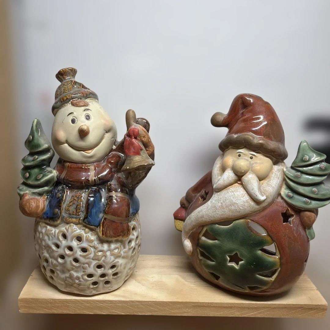 【クリスマス】スノーマン サンタクロース 陶器製 置物 2点セット