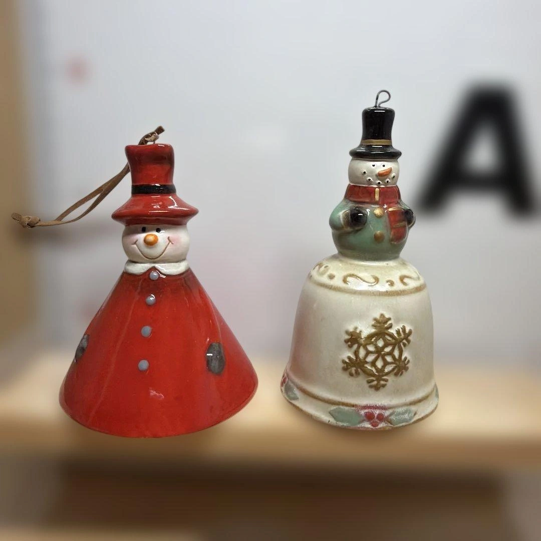 【クリスマス】スノーマン ベル 陶器製 オーナメント 2点セット