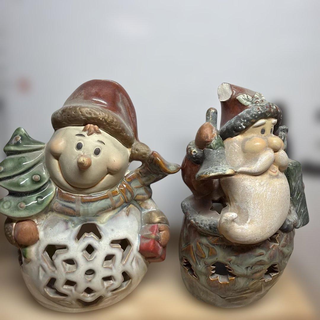 【クリスマス 】置物 陶器製 スノーマン サンタ 2点セット 訳あり