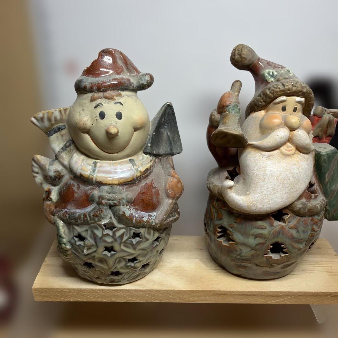 【クリスマス】スノーマン サンタクロース 陶器製 置物 2点セット