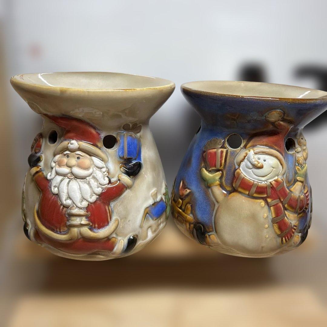 【クリスマス】サンタ スノーマン 陶器製 アロマポット 2点セット　訳あり