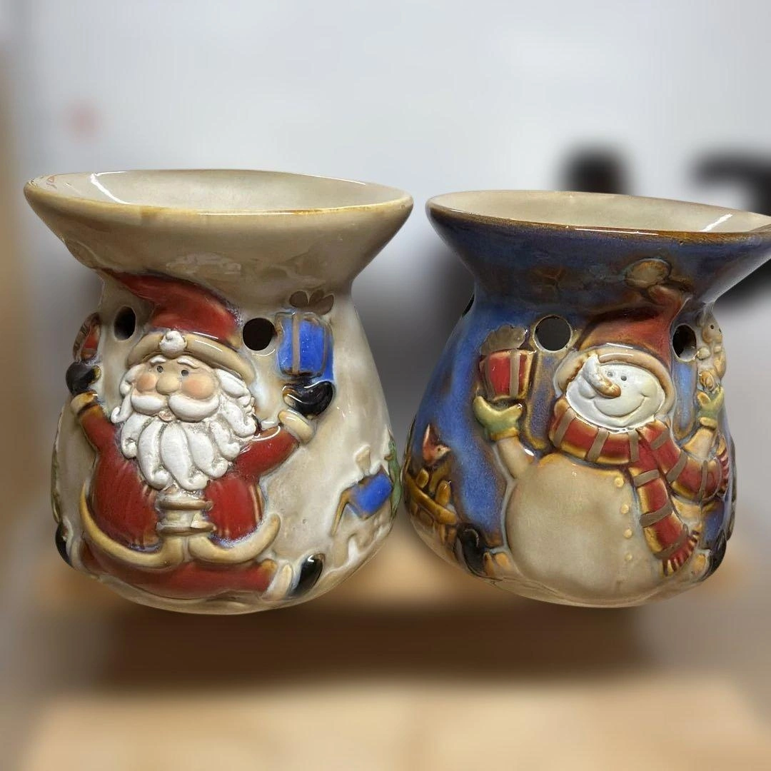 【クリスマス】サンタ スノーマン 陶器製 アロマポット 2点セット 訳あり