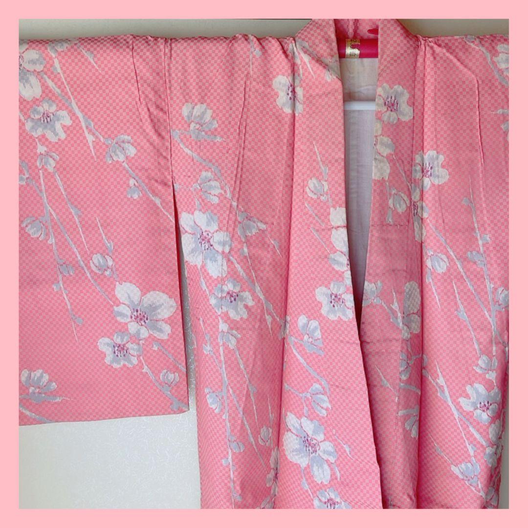 ピンク地 市松模様 桜柄 小紋 着物