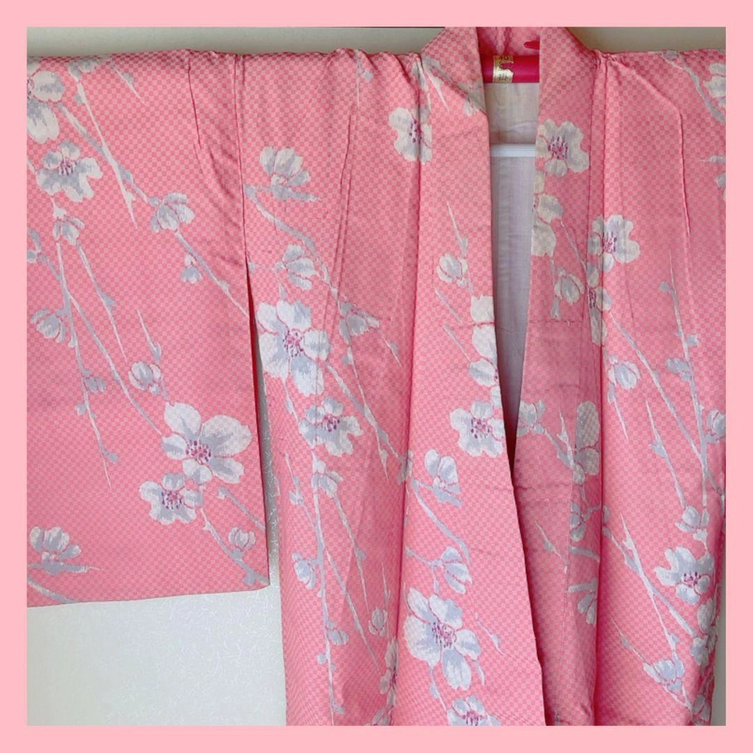 ピンク地 市松模様 桜柄 小紋 着物