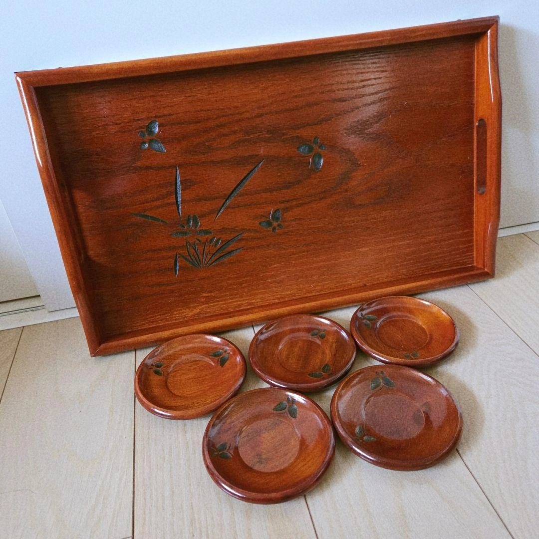 木製 盆 茶托 セット 彫刻入り