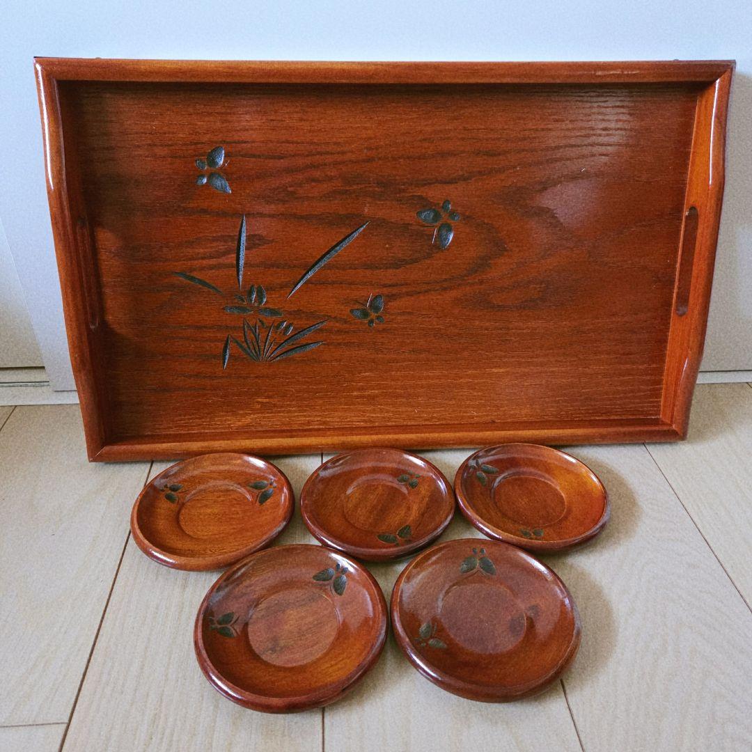 木製 盆 茶托 セット 彫刻入りの写真2枚目