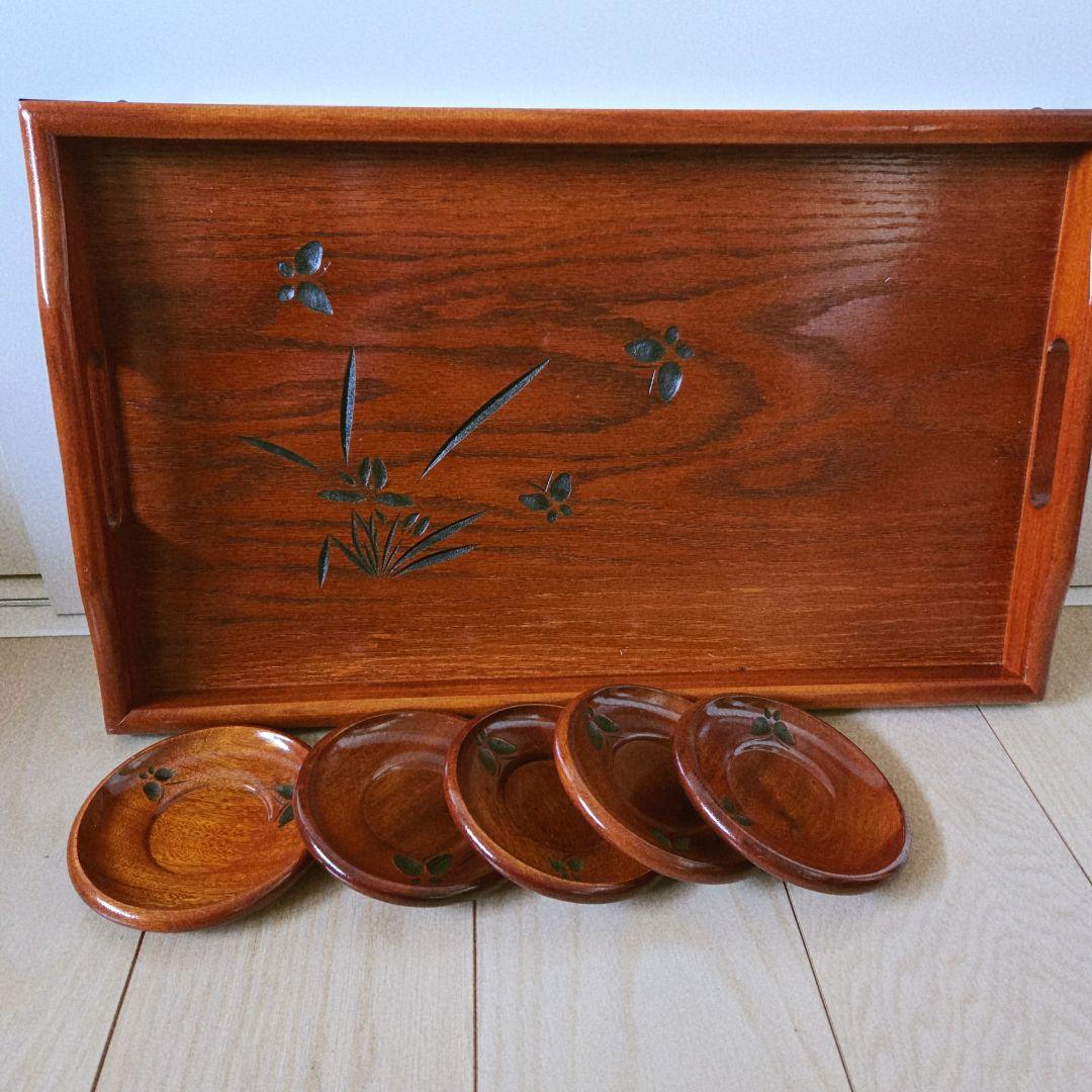 木製 盆 茶托 セット 彫刻入りの写真3枚目
