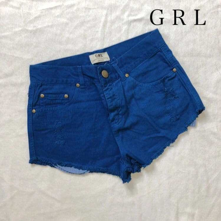 GRL ブルー デニム ショートパンツ ダメージ加工